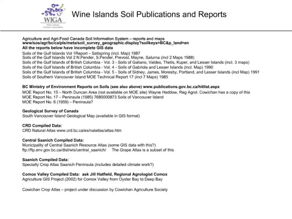Wine Islands Soil Publications and Reports