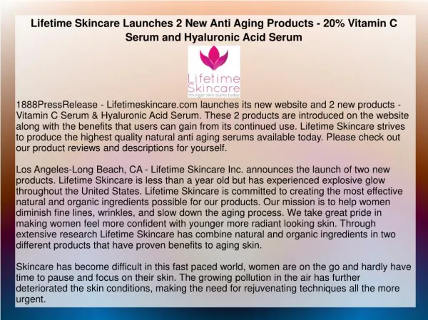 Lifetime Skincare Launches 2 New Anti Aging Products