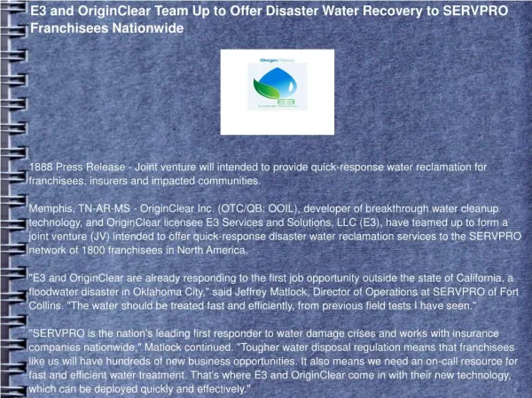 E3 and OriginClear Team Up to Offer Disaster Water Recovery