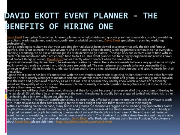 David Ekott Event Planner - The Benefits of Hiring One