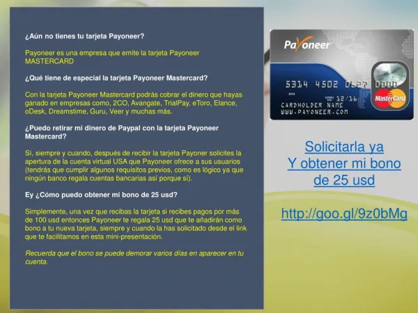 Tarjeta Payoneer GRATIS y bono de 25 usd