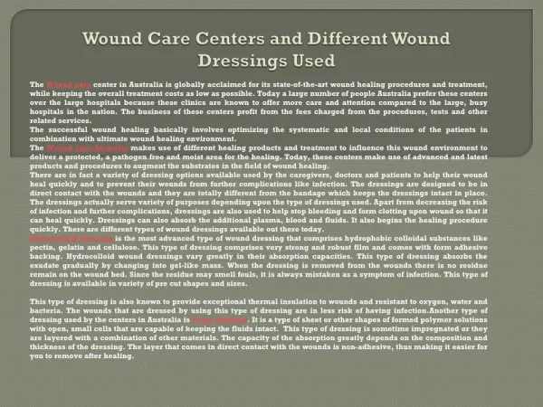 Wound Care Centers and Different Wound Dressings Used