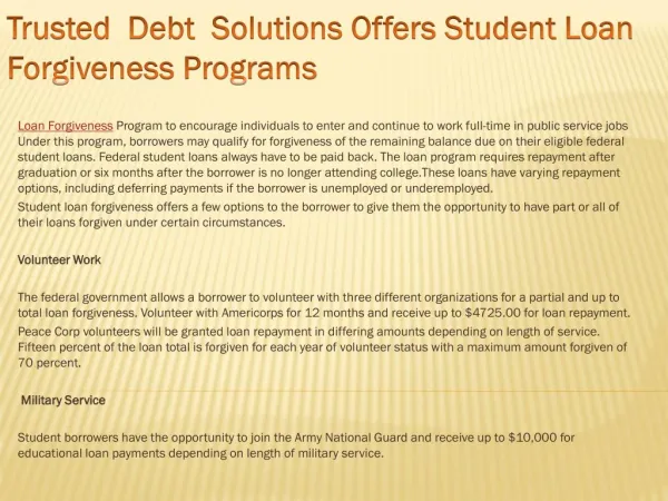 Trusted Debt Solutions Offers Student Loan Forgiveness Pro
