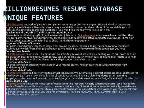 ZillionResumes Resume Database Unique Features