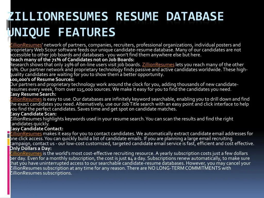 zillionresumes resume database unique features