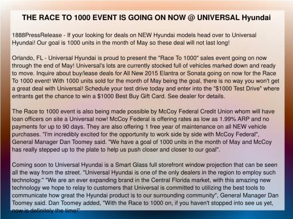 THE RACE TO 1000 EVENT IS GOING ON NOW @ UNIVERSAL Hyundai