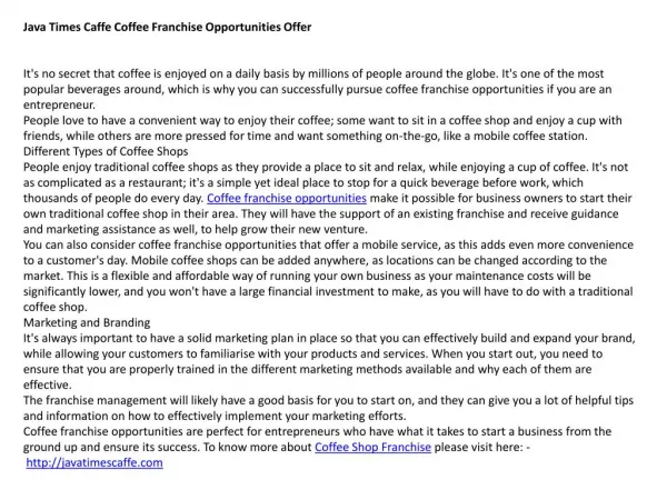 Java Times Caffe Coffee Franchise Opportunities Offer