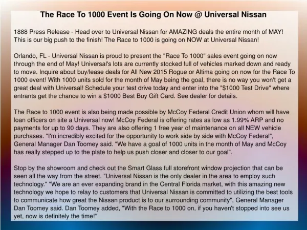The Race To 1000 Event Is Going On Now @ Universal Nissan