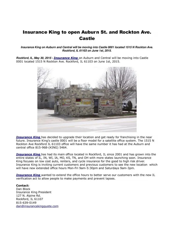 Insurance King to open Auburn St. and Rockton Ave. Castle