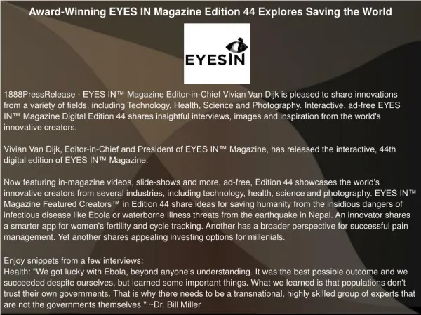 Award-Winning EYES IN Magazine Edition 44 Explores