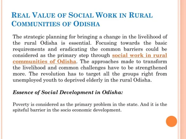 Real Value of Social Work in Rural Communities of Odisha