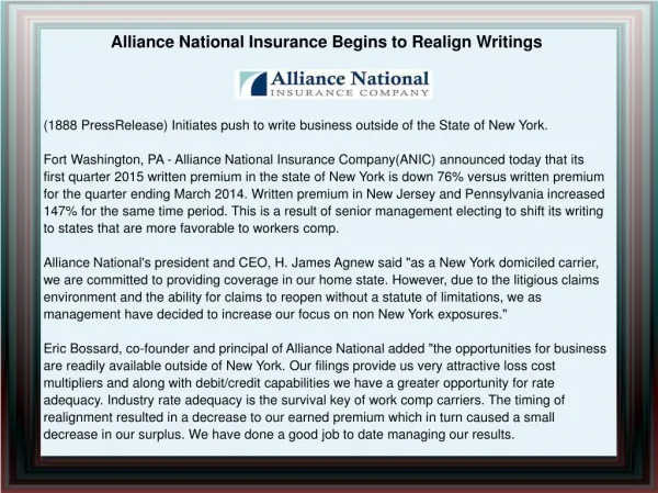 Alliance National Insurance Begins to Realign Writings