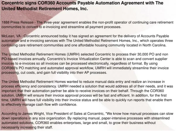 Corcentric signs COR360 Accounts Payable Automation