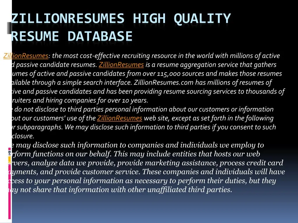 zillionresumes high quality resume database