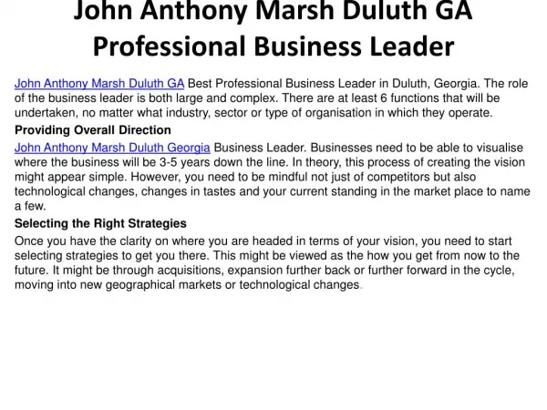 John Anthony Marsh Duluth GA Professional Business Leader