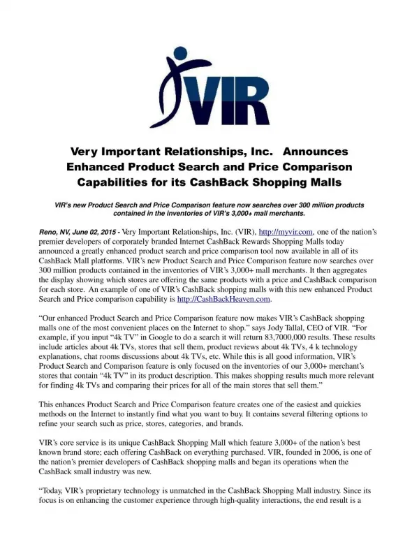 Very Important Relationships, Inc. Announces Enhanced