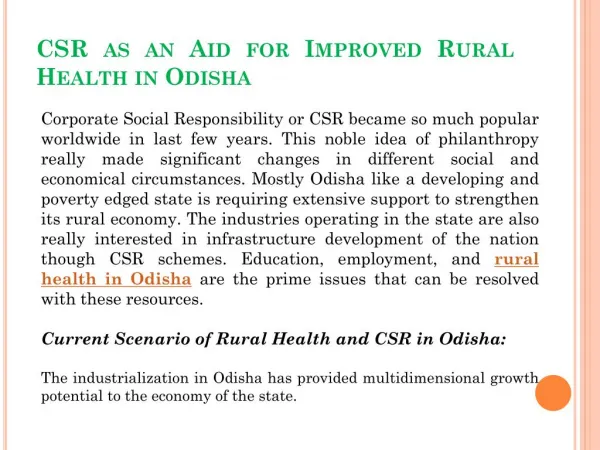 CSR as an Aid for Improved Rural Health in Odisha