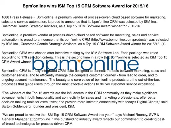 Bpm'online wins ISM Top 15 CRM Software Award for 2015/16