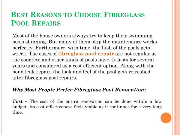Best Reasons to Choose Fibreglass Pool Repairs