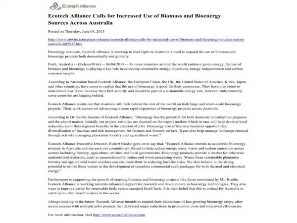 Ecotech Alliance Calls for Increased Use of Biomass and Bioe