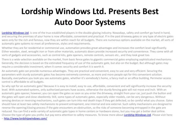 Lordship Windows Ltd. Presents Best Auto Door Systems