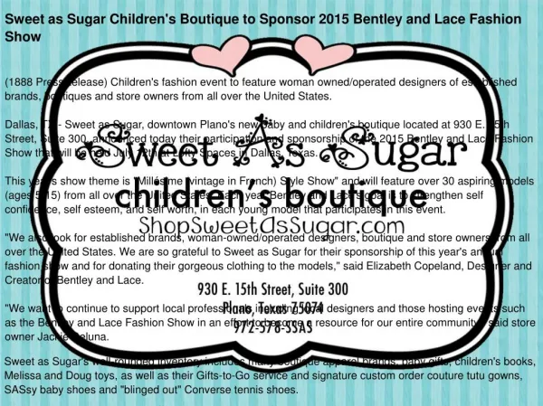 Sweet as Sugar Children's Boutique to Sponsor 2015 Bentley