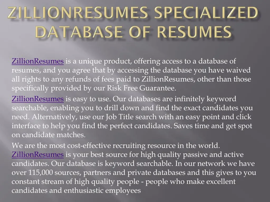 zillionresumes specialized database of resumes