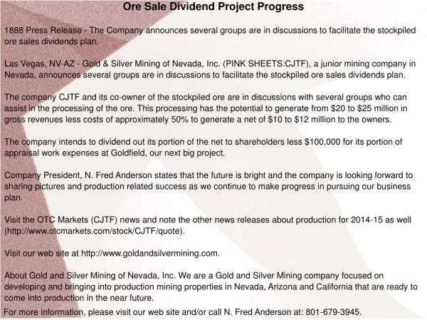 Ore Sale Dividend Project Progress