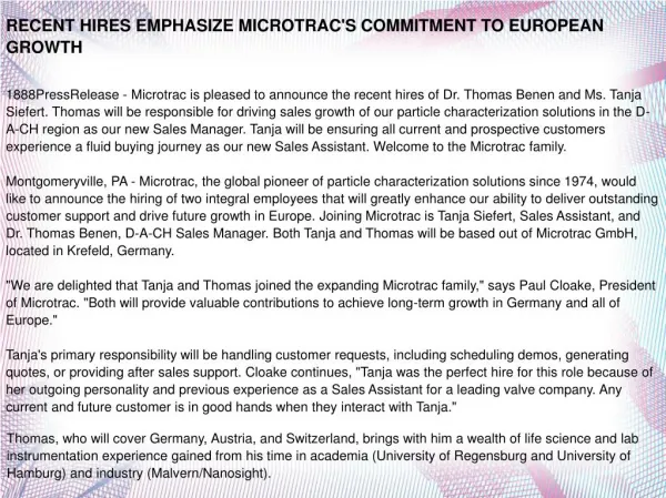 RECENT HIRES EMPHASIZE MICROTRAC'S COMMITMENT TO EUROPEAN