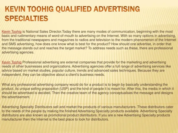 Kevin Toohig Qualified Advertising Specialties