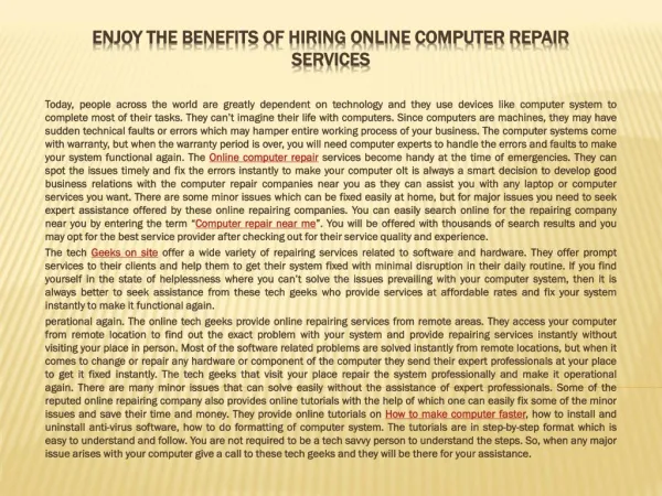 Enjoy the Benefits of Hiring Online Computer Repair Services