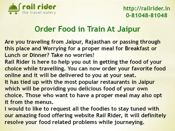 Rail Rider has a Special Food Service for Jain Travelers in