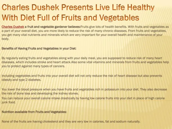 Charles Dushek Presents Live Life Healthy With Diet Full of