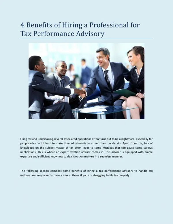 4 Benefits of Hiring a Professional for Tax Performance Advi