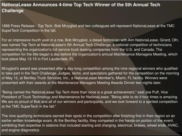 NationaLease Announces 4-time Top Tech Winner
