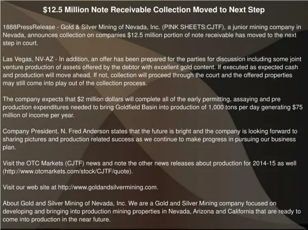 $12.5 Million Note Receivable Collection Moved to Next Step