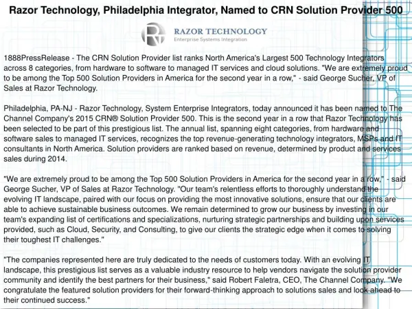 Razor Technology, Philadelphia Integrator