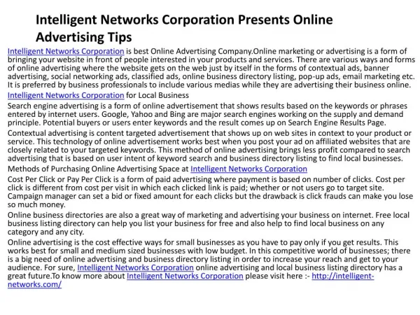 Intelligent Networks Corporation Presents Online Advertising