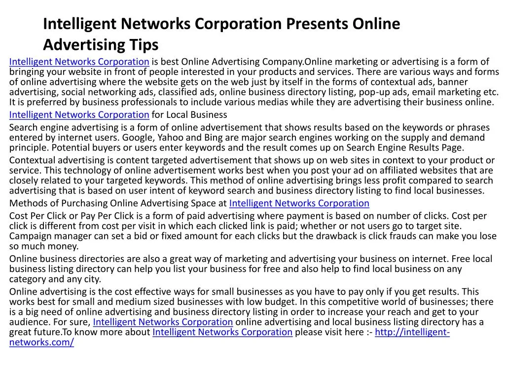 intelligent networks corporation presents online advertising tips
