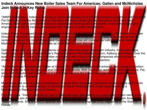Indeck Announces New Boiler Sales Team For Americas