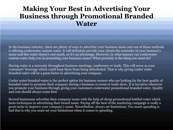 What Can A Promotional Branded Water Do For Your Company?