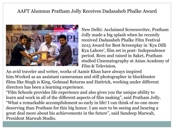 AAFT Alumnus Pratham Jolly Receives Dadasaheb Phalke Award