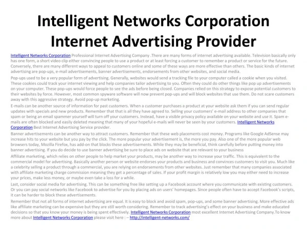 Intelligent Networks Corporation Internet Advertising Provid
