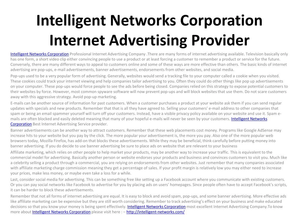intelligent networks corporation internet advertising provider