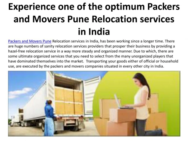 Experience one of the optimum Packers and Movers Pune Reloca