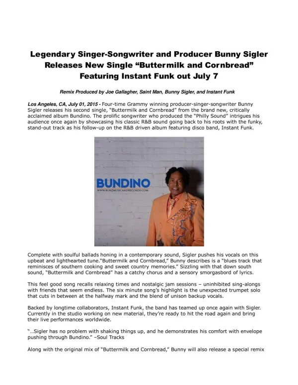 Legendary Singer-Songwriter and Producer Bunny Sigler