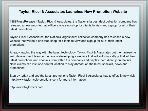 Taylor, Ricci & Associates Launches New Promotion Website