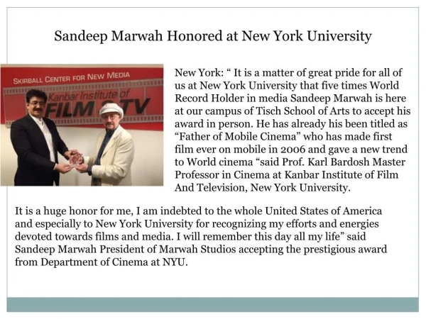 Sandeep Marwah Honored at New York University
