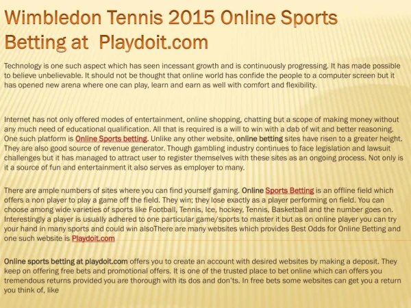 Wimbledon Tennis 2015 Online Sports Betting at Playdoit.com