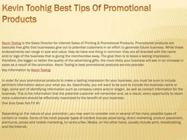 Kevin Toohig Best Tips Of Promotional Products